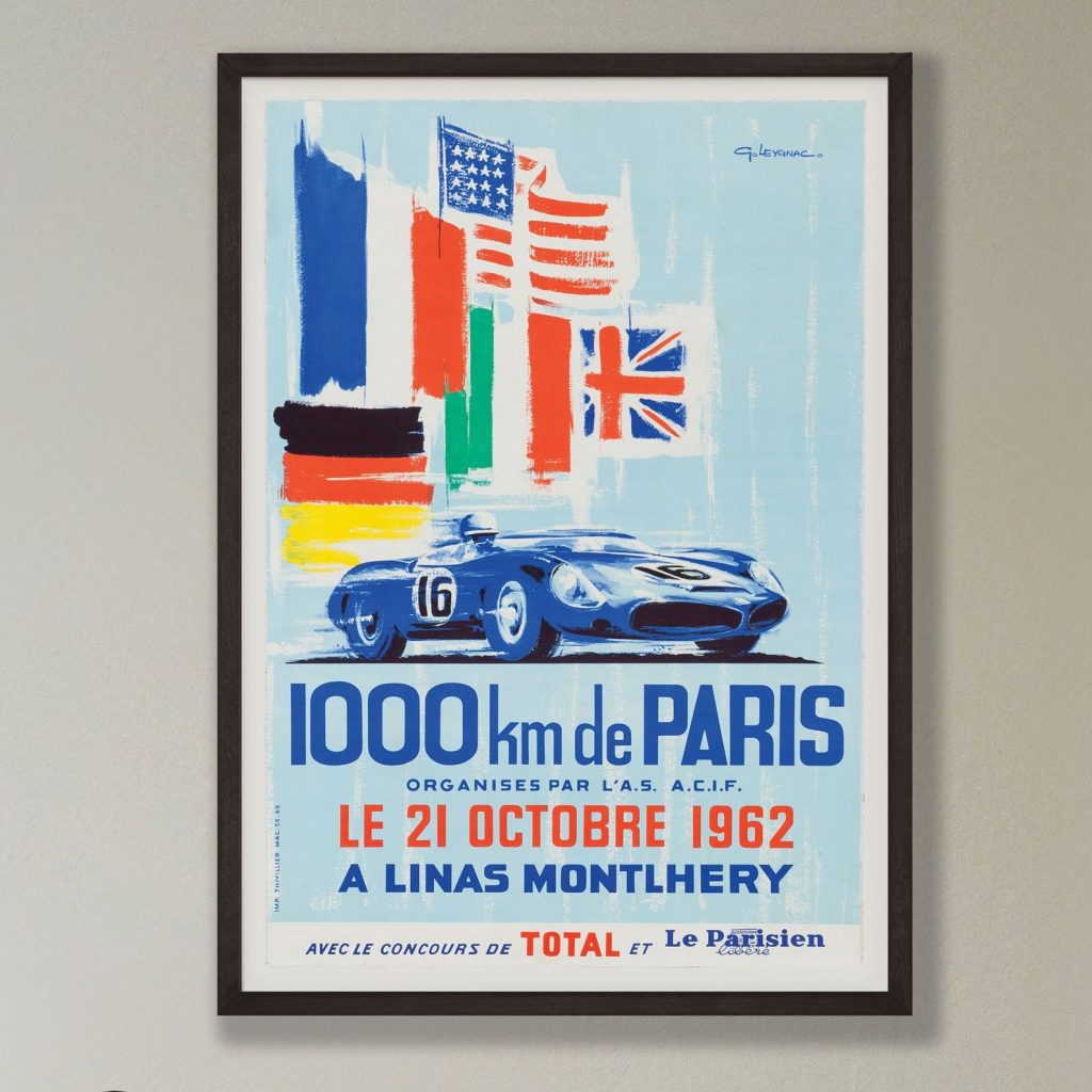 Paris 1000km Motor Racing Poster – 1962 – vintage framed print (autodrome linas-montlhéry france)