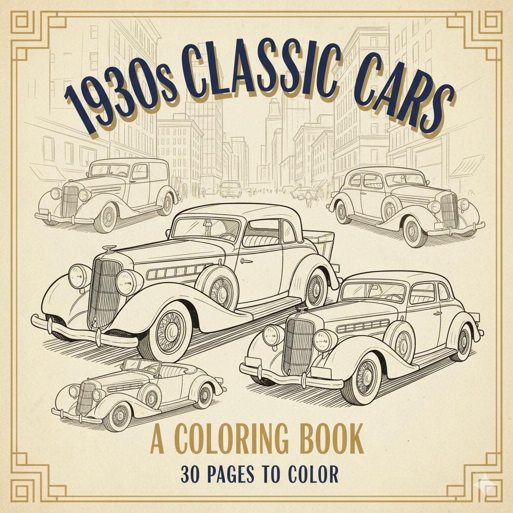Voitures anciennes des années 30 – Un livre de coloriage nostalgique pour tous les âges (Pinterest)
