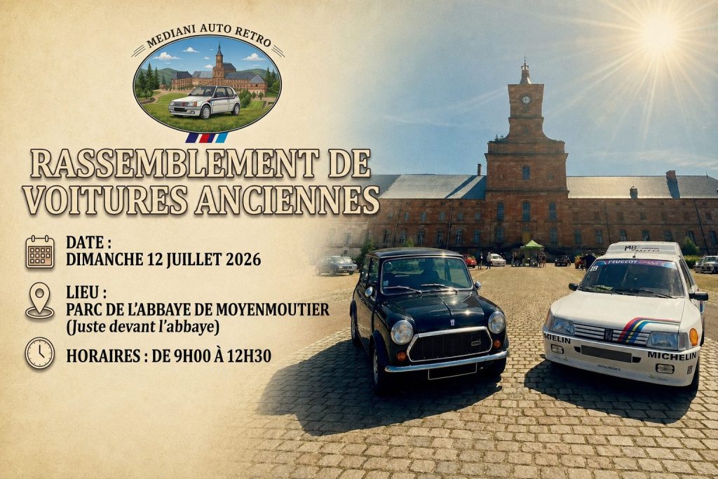 Des voitures anciennes au pied de l’abbaye de Moyenmoutier (information presse)