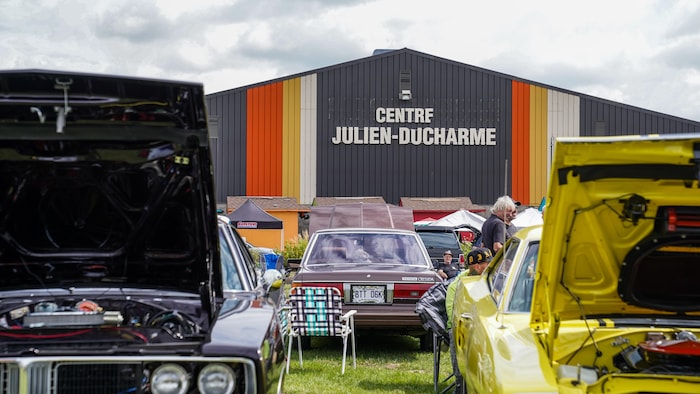 Des personnes se prom&egrave;nent au travers d'une exposition de voitures anciennes et sportives.